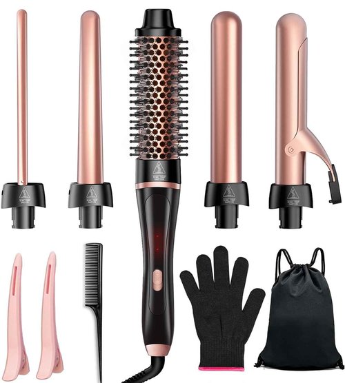 5 in 1 Curling Iron, Hair Curling Wand Set Thermal Brush 4 Interchangeable Ceramic Curling Wands (0.5'-1.8') Fast Heat Up Dual Voltage Christmas Birthday Hair Tool Gifts for Women Travel
