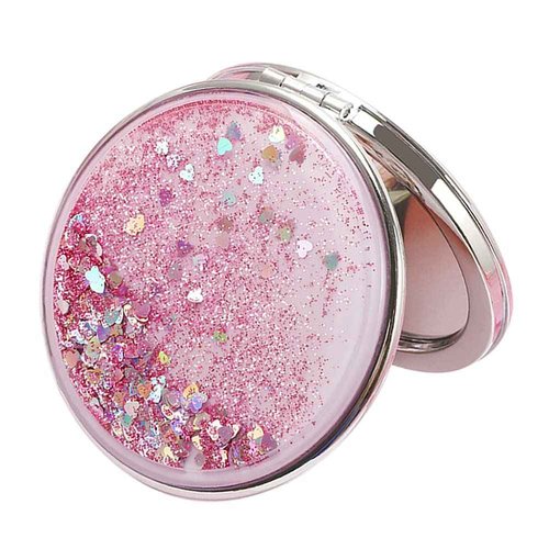 AKOAK 1 Pack Compact Mirror, Portable Quicksand Pocket Travel Makeup Mirror, Folding Hand-held Double Sided 1x/2x Magnifying Glass, Great Gift for Women and Girls (Pink)