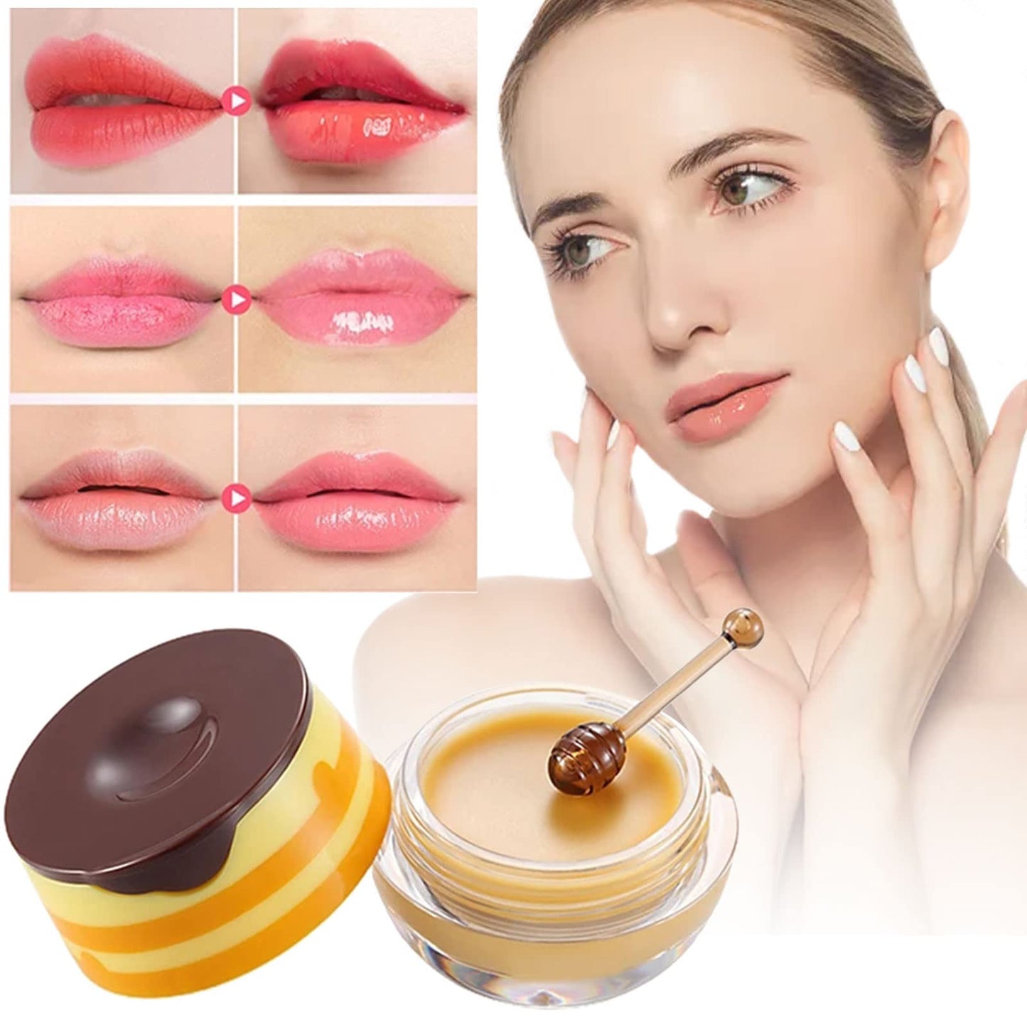 2 PCS Bee Lip Balm Lip Mask Honey Pot Honey Lip Mask Propolis Moisturizing Lip Balm with Stick - Hydrating Prevention Dry and Cracked Lip Scrubs Exfoliato Lip Wrinkle Skin Care Products