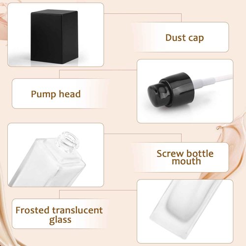 BOSMIOW 4Pcs 60ml/2oz Frosted Glass Liquid Foundation Bottle,Clear Square Lotion Pump Bottles,Matte Glass Cosmetic Cream Dispenser Bottle,Travel Essential Oils Emulsion Essence Container