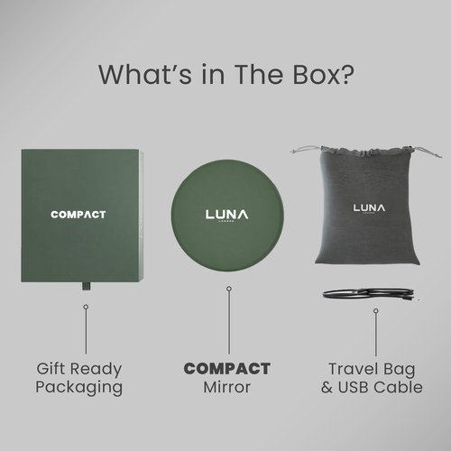 LUNA London Compact Travel Mirror | Travel Makeup Mirror with Light | LED Lighted Vanity Mirror with 3 Light Modes | 7X Magnification Folding Portable & Rechargeable (Forest Green)