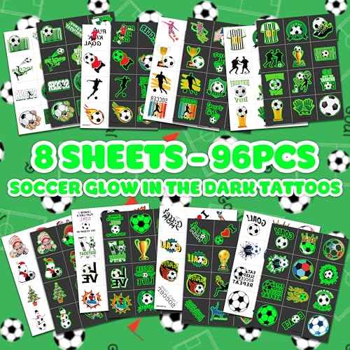 96 PCS Soccer Ball Glow In The Dark Pre-Cut Temporary Tattoos Sticker Football, Sports Themed Birthday Party Decorations Supplies Favors Europa, World Cup Cute Tattoo School Reward Game (Luminous)