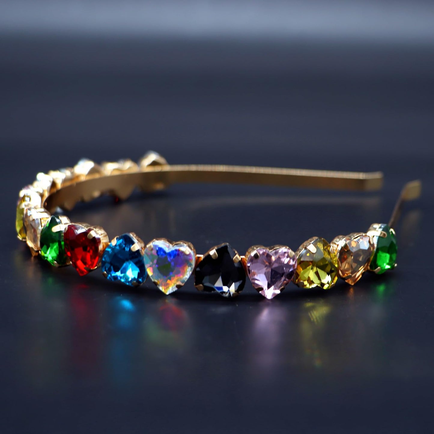 Crrezhai Fashion Heart Rhinestones Headband Colorful Women Rainbow Crystal Beaded Headpiece Party Wedding Hair Hoop Band