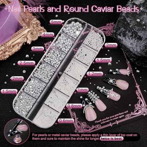 3D Mini Punk Nail Studs Cone Spike Alloy Rivets (Black+Silver), Flatback Nail Pearls and Round Steel Balls Beads(Silver), Goth Nail Charms and Gems for Nail Accessories