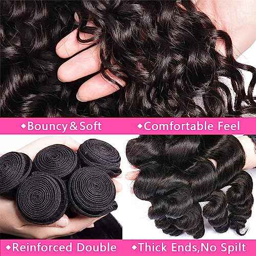 Loose Body Wave Bundles Human Hair with Frontal (14 16 18+12) 12A Grade 100% Body Wave Human Hair Extensions 13x4 Lace Frontal Human Hair 180% Density Natural Black