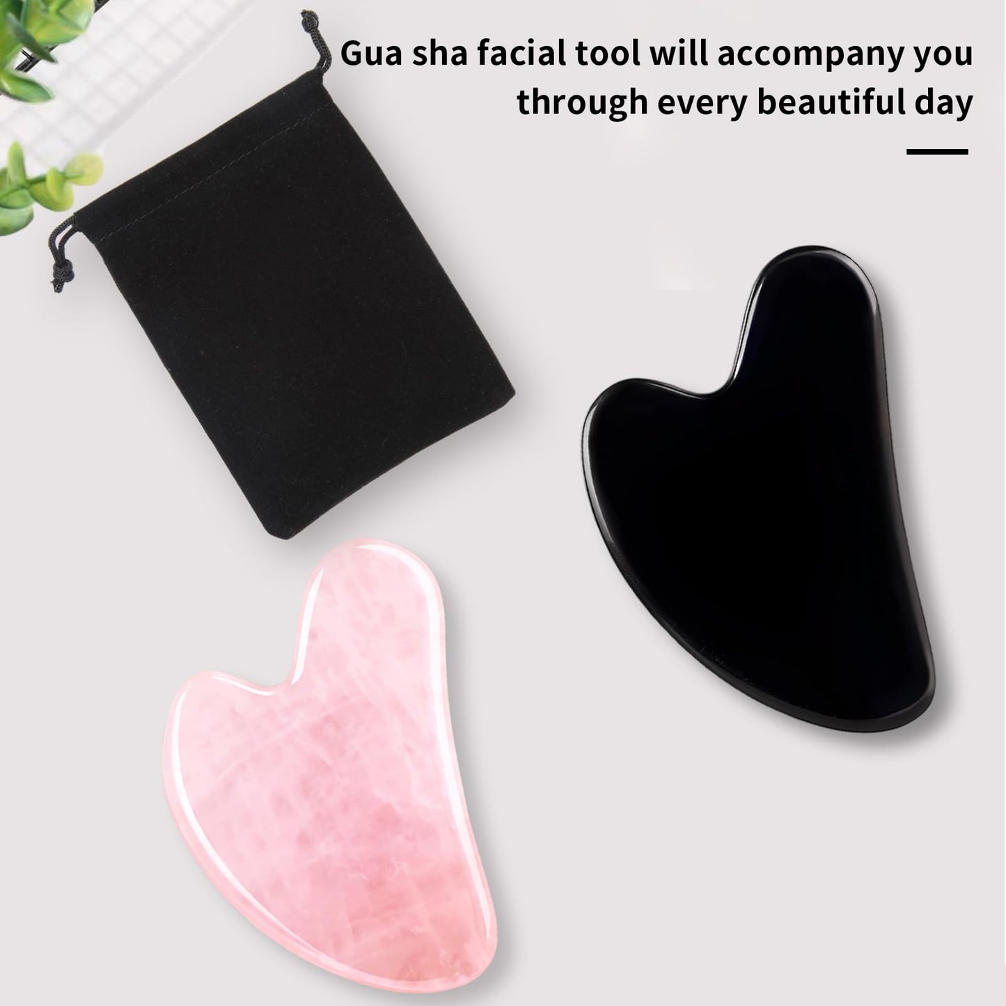 FUIYOOCEN Gua Sha Facial Tools 2 Pack, Natural Jade Guasha Tool for Face,Double Chin & Jawline, Gua Sha Stone Self-Skin Care Face Stone Gua Sha Tools for Women Guasha Stone, Black and Pink