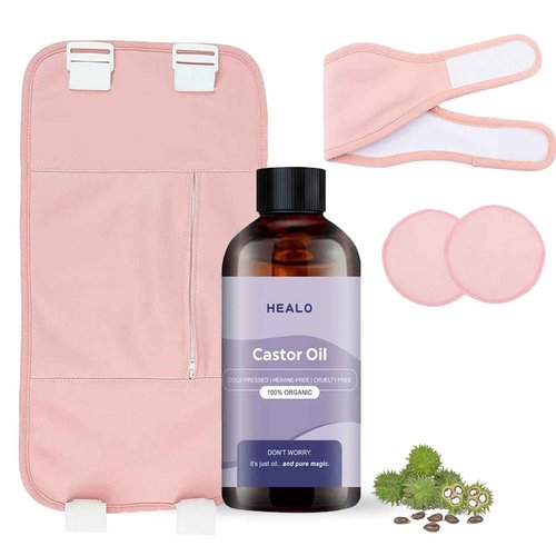Healo, Castor Oil Pack Wrap, Castor Oil Pack Wrap Kit - 3.38 Oz with Reusable Wraps - For Stomach, Neck and Entire Body with Adjustable Elastic Straps (Pink Velcro type, 100ML)