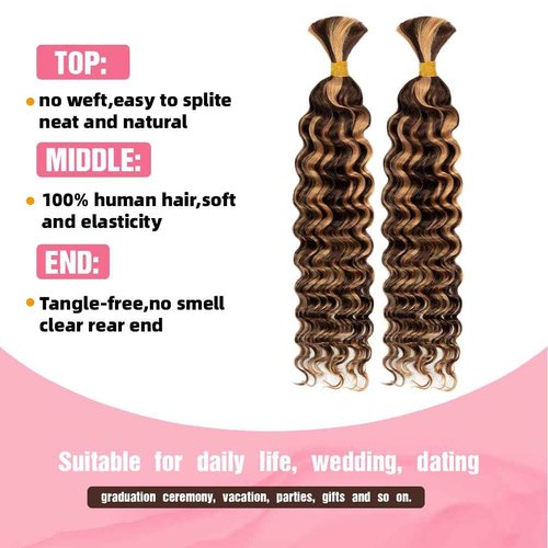 Human Braiding Hair, 2 Bundle 100g 16 Inch Boho Braids Human Hair 12A Deep Wave Bulk Brazilian Virgin No Weft Wavy Hair Extension for Boho Knotless Balayage Brown to Blonde