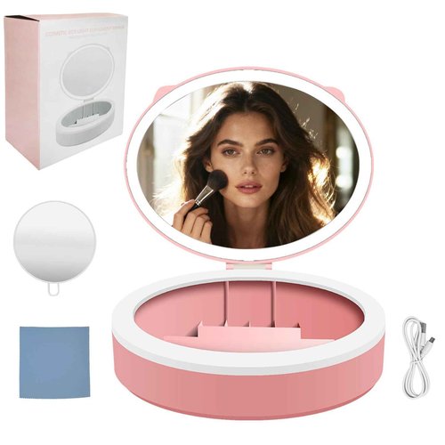 YNBXHJPP LED Makeup Mirror with Storage, 4K high-Definition Touch Screen Travel Vanity Mirror with 3 Types of Lights, USB Charging, Magnetic 3-inch 10x Magnifying Glass (Pink)