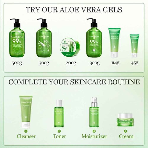 Aloderma Aloe Vera Gels Set, 2 Pieces - 300g Aloe Vera Gel, 300g Aloe Vera Gel + Tea Tree Oil - Hydrating, Soothing, Moisturizing