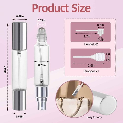 YOCASII 4PCS Dual-Head Travel Perfume Bottle with Spray & Roller Balls for Essential Oils, 10ml Glass Perfume Travel Refillable Bottles and Roll on Bottles for Facial Care with Funnel Tool