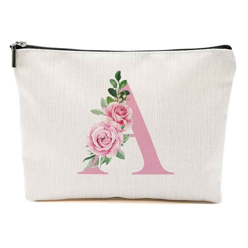 Pink Monogram Makeup Bag, Initial A, Cosmetic Bag Personalized Travel Organizer Bags Makeup Pouch, Monogrammed Gifts for Women Girls Friend Sisters Daughter Bridesmaid Wedding Bridal Shower Gifts