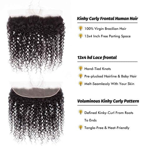 13x4 Lace Frontal Closure Kinky Curly Ear to Ear HD Lace Frontal Pre Plucked with Baby Hair 16 Inch Free Part Brazilian Human Hair Extensions 150% Density Natural Black