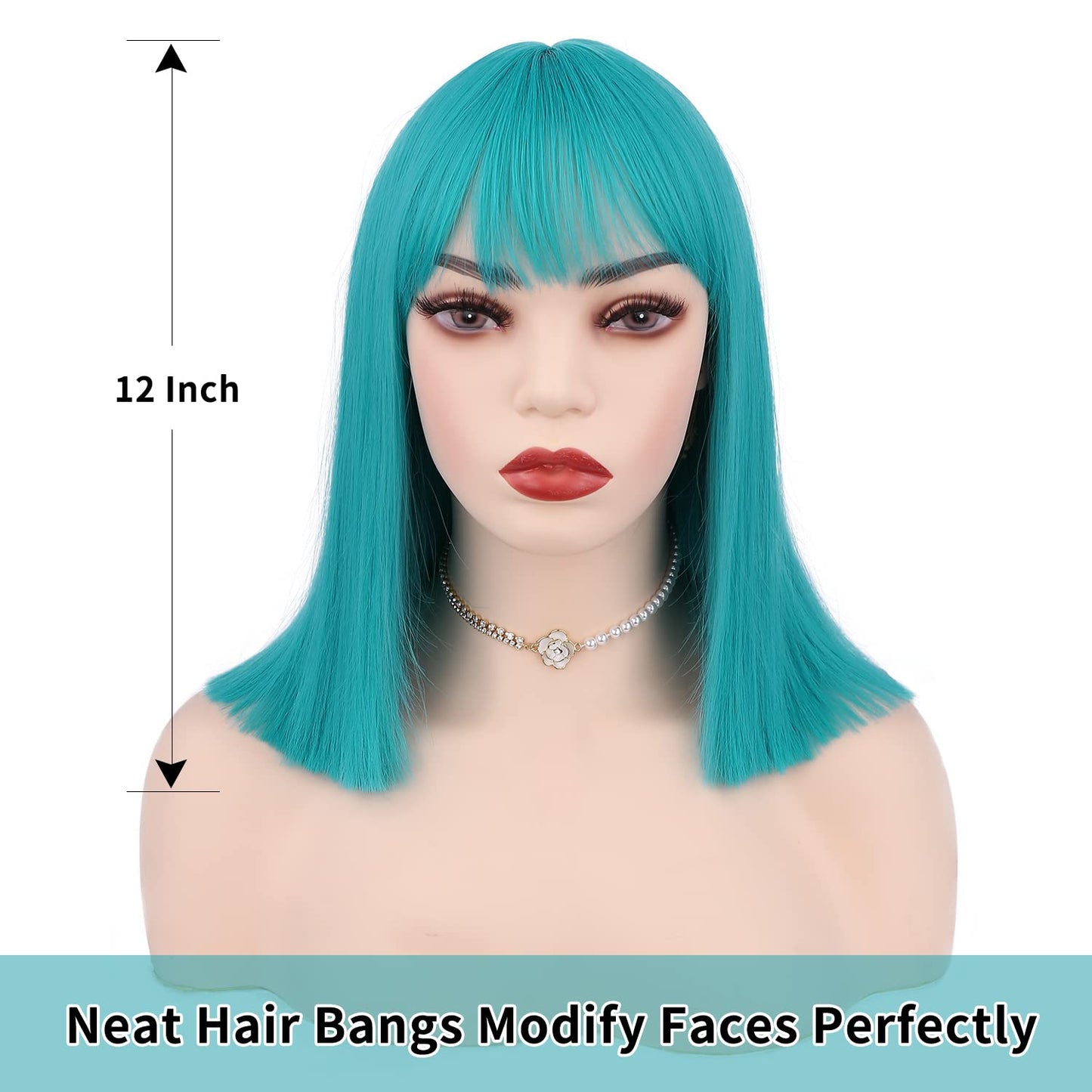 WIGER Teal Blue Bob Wig Bluish Green Short Bob Wigs with Bangs Straight Bob Wig Synthetic Bob Hair No Lace Full Wigs for Women Cosplay or Party