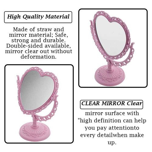 AKOAK Heart-Shaped Cosmetic Mirror - Plastic, Double-Sided, Rotatable, Lightweight - Bathroom & Bedroom Mirror (Pink)