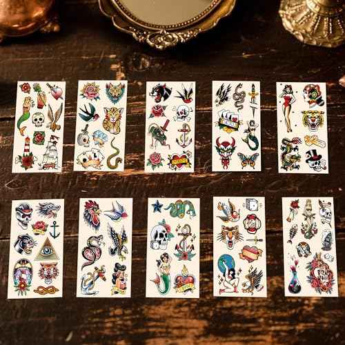 76 Pcs Retro Temporary Tattoos Classic Old School Colorful Tattoos Stickers Flowers Snake Adult Men Women Body Art