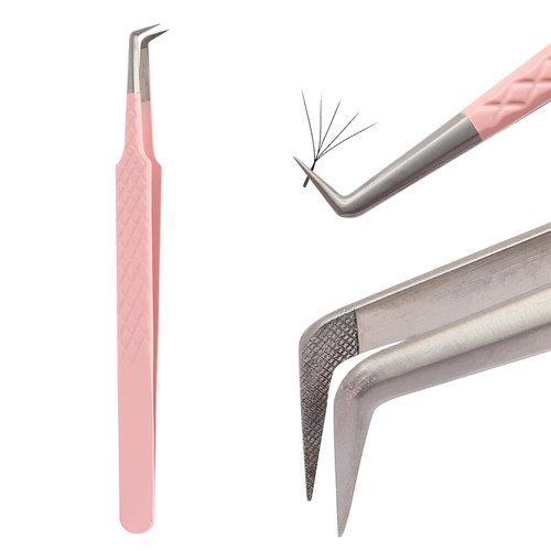 Lash Tweezers For Eyelash Extensions Fiber Tip Lash Tweezers Pink Straight/Curved Tweezer(Pink,X01)
