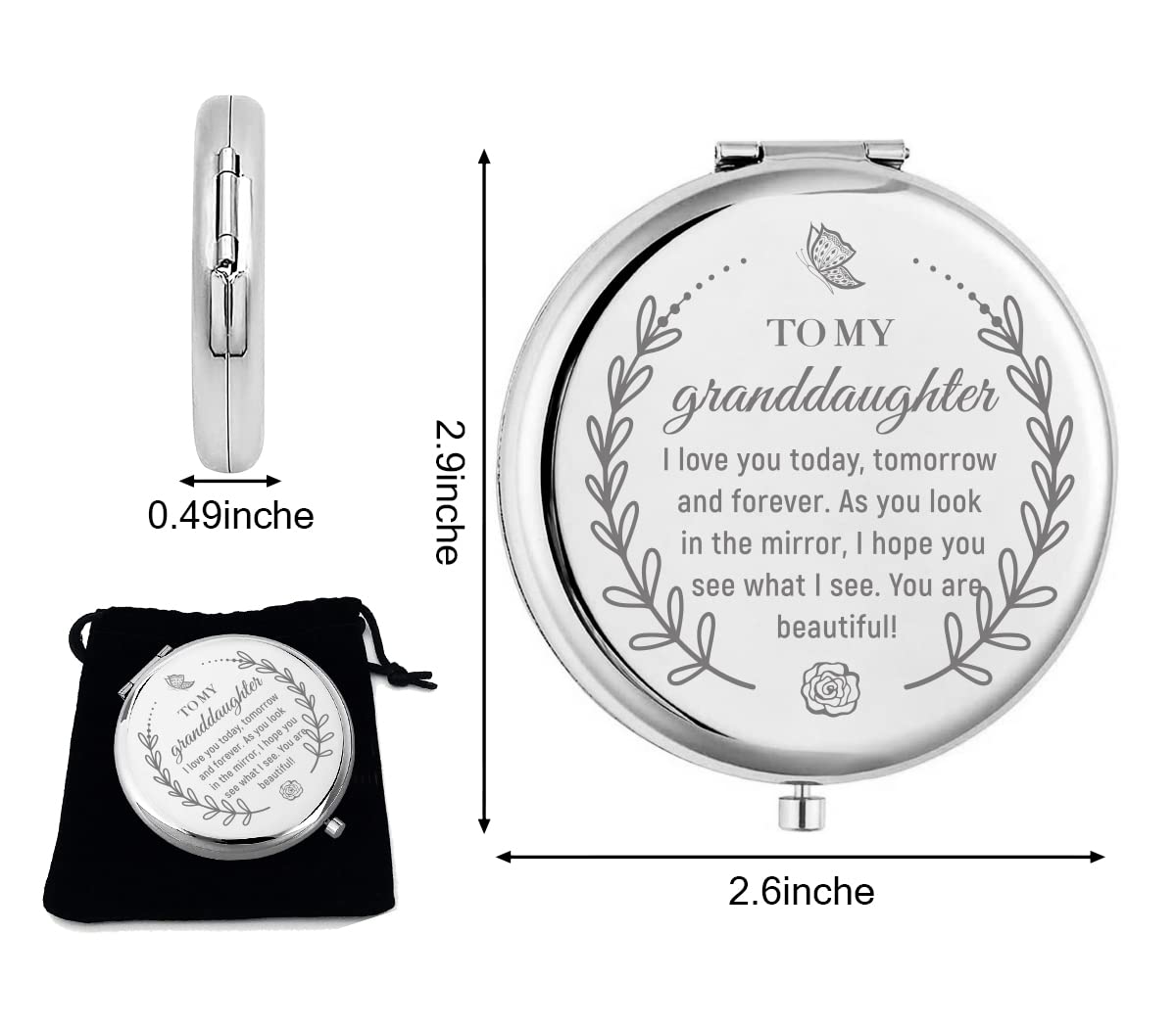 Kukeyiee to My Granddaughter Travel Makeup Mirror, Sliver Engraved Travel Pocket Cosmetic Compact Makeup Mirror Gifts for Granddaughter Birthday Graduation Christmasfrom Grandpa Grandma…