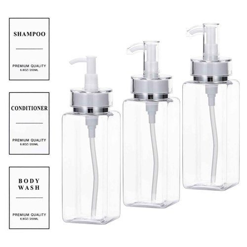 Yeeco Plastic soap Dispenser, Clear 3 Pcs Refillable Shampoo and Conditioner Bottles, Empty Shower Bottles with Pump, Labels for Shower Bathroom Kitchen, 6.8oz/200ml