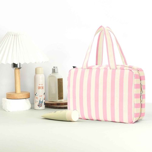 Apxouans Toiletry Bag for Women Travel Water-resistant Cosmetic Bag Fashion Stripes Makeup Bag with Hanging Hook Preppy for Store Toiletries Cosmetic Accessories Large Capacity Pink