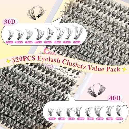 Eyelash Extension Kit 320PCS Lashes Clusters 30D+40D Lash Extension Kit 9-16mm Wispy Cluster Eyelash Extensions Kit with Lash Bond and Seal Tweezers Natural Lash Clusters Kit for Beginners