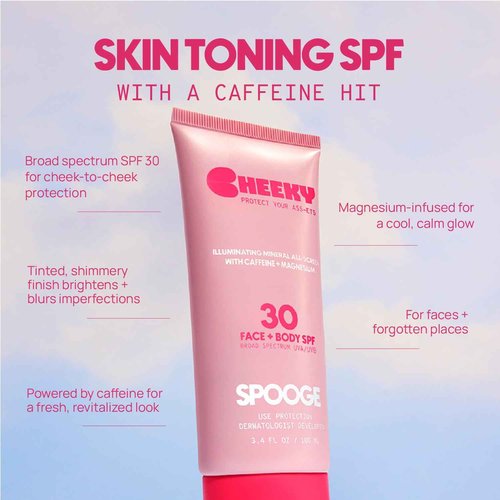 SPOOGE Cheeky Mineral All-Screen - SPF 30 Shimmer Body Sunscreen with Caffeine - Dermatologist Developed & Reef Safe Skincare with Glowy Finish for Beach & Festivals (3.4oz)