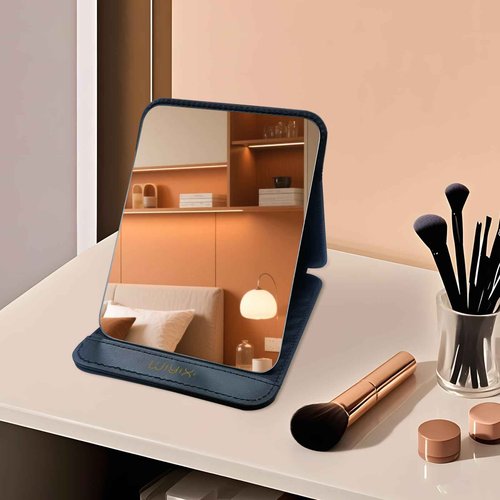 SYHITOU Foldable Travel Makeup Mirror, Adjustable Angle Portable Standing Vanity Mirror, Compact PU Leather Design for Home/Camping/Desktop Use,Classic Black (8.4"x6")