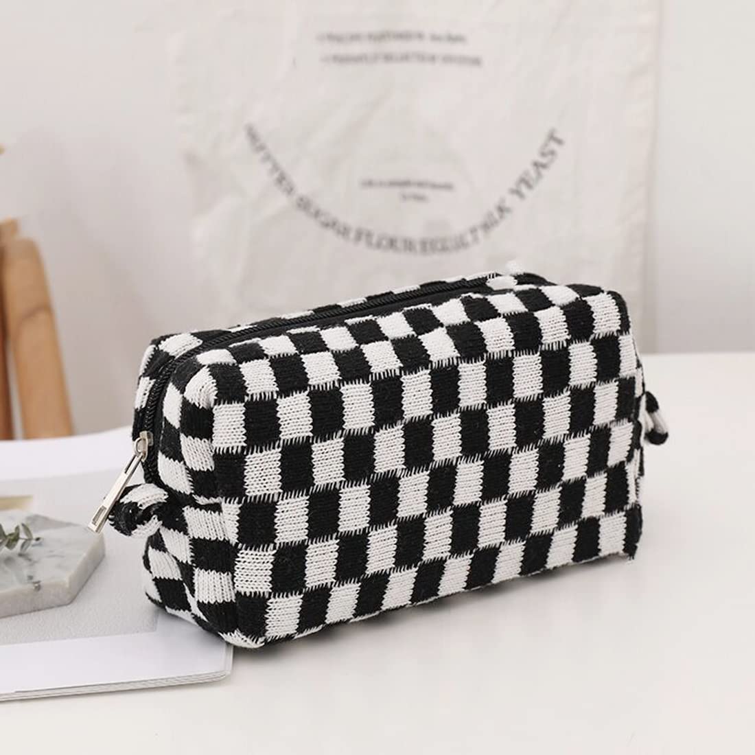 SxoSyo 2 Pcs Cosmetic Bags for Women Makeup Bag Purse Travel Toiletry Zipper Storage Pouch Make up Brushes Organizer for Gifts (Checkered, Black 2)