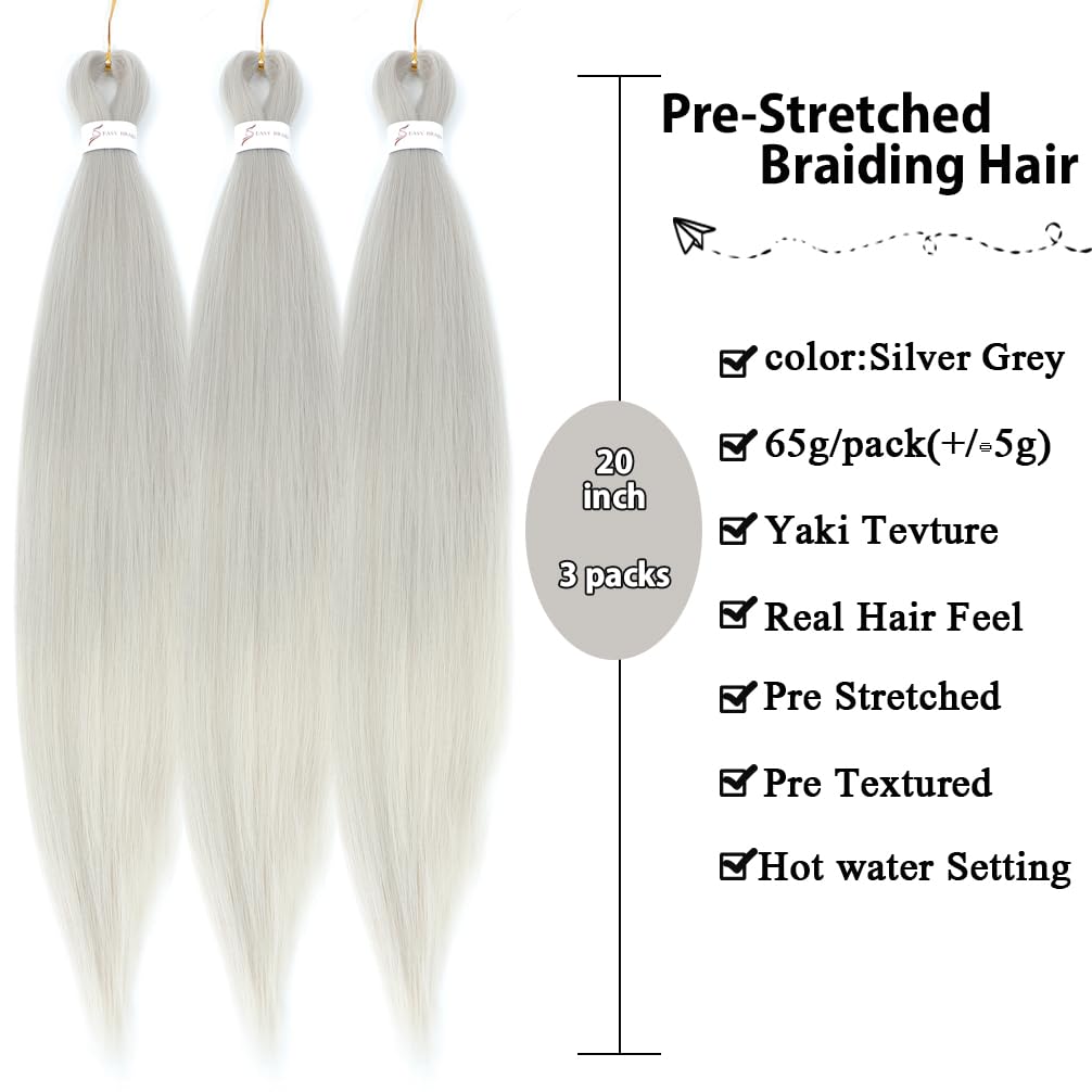 Gray Braiding Hair Pre stretched 20 Inch 3 Packs Colored Jumbo Braiding Hair For Festival Braids Hair Synthetic Braids Hair Silver Grey(20inch 3Packs)