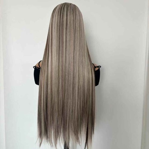 Greenmirr Highlighted Ash Blonde Lace Front Wig 13x4 Lace Long Straight Heated Synthetic Ombre Brown Blonde Lace Front Wig for Women Daily Cosplay 24in