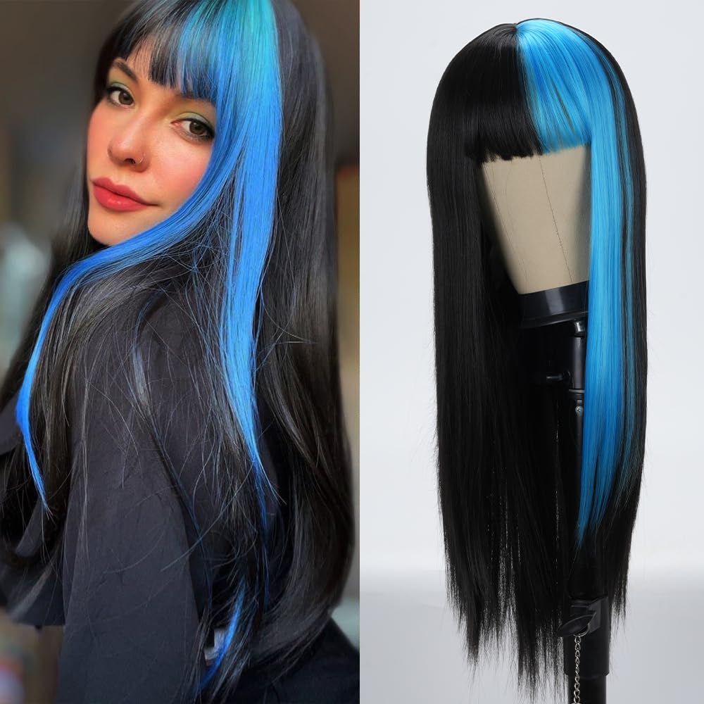 Sabosi Long Blue Black Hair Synthetic Wigs with Bangs Long Straight Hair Wig Cosplay Wig Split Color Synthetic Wigs Heat Resistant Fiber Costume Halloween Party Wigs for Women