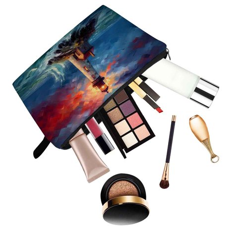 YULUENZE Lighthouse Gift Storm Beacon Makeup Bag Cute Small Organizer Bag with Zipper Lighthouse in Storm Print Cosmetic Bag Birthday Gifts for Women Friends