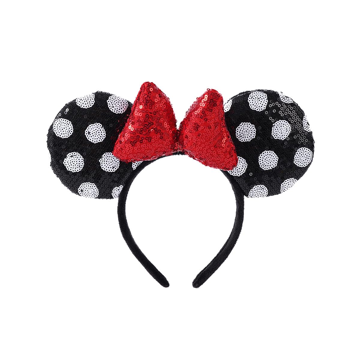 YOVECATHOU Mouse Deluxe Ear Bow Headbands Sequins Hairbands Women Hair Accessories For Cosplay Costume Party (Black White Dot Red)