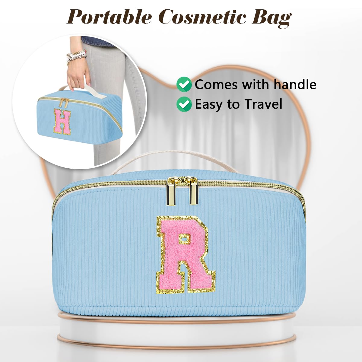 DTBG Personalized Cosmetic Bag, Inital Makeup Bag Birthday Gift Stuff Bag for Women Large Capacity Travel Make up Bag Pouch Cute Quilted Preppy Makeup Bag Gifts for Girls, Wife Blue - F