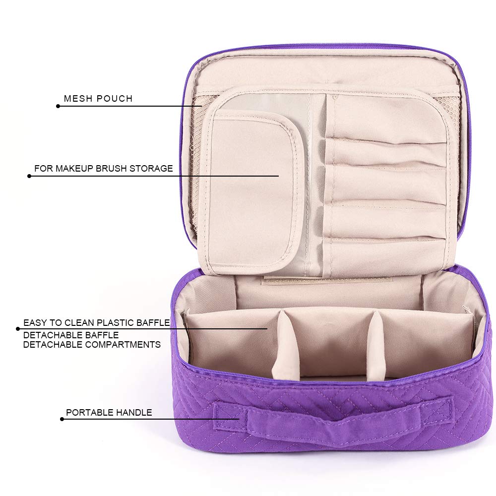 WEIBIN Travel Makeup Bag, Toiletry Bag, Cosmetic Organizer with Adjustable Dividers and Brushes Holder for Purse, Makeup Case Zipper Pouch for Women and Girls-Purple