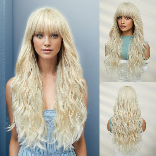 OUFEI Blonde Wigs for Women Long Curly Wig With Bangs Wavy wig Natural Synthetic Hair for Daily Party Cosplay Wear