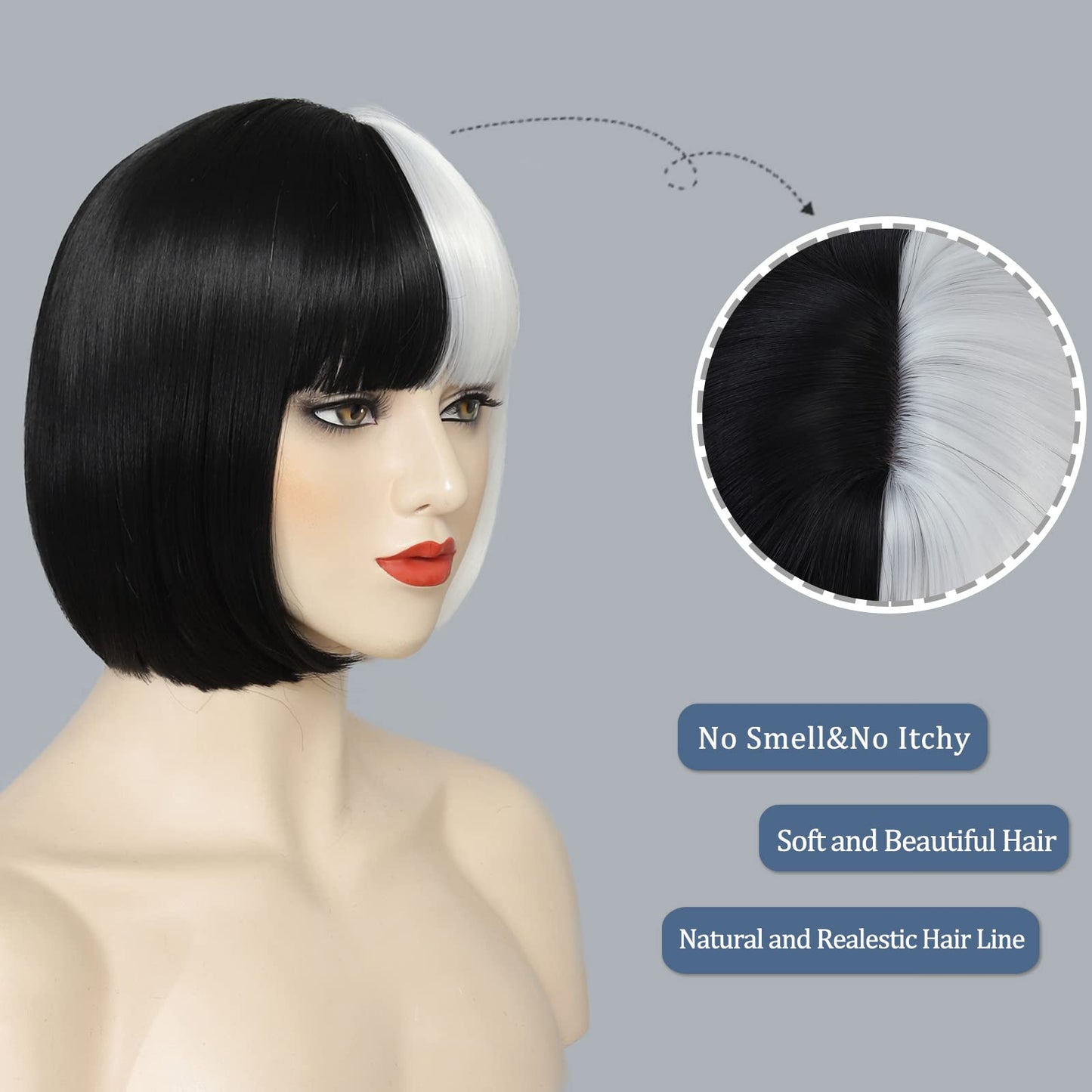 YBYMCAI Black and White Bob Wig With Bangs Cruella Deville Costume for Women Cosplay Short White and Black Bob Wigs Straight Bob Bangs Wig 10 Inch Natural Looking For Daily Party Use