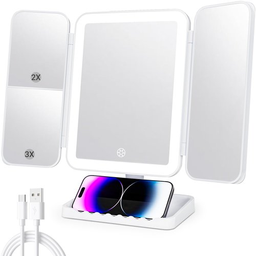 DailyCuddles Makeup Mirror Vanity Mirror with Lights, 3 Color Lighting Modes, 1X/2X/3X Magnification, Tri-fold, 360° Rotation, Phone Holder for Makeup, 2000mAh Rechargeable, Bedroom, Bathroom, (White)