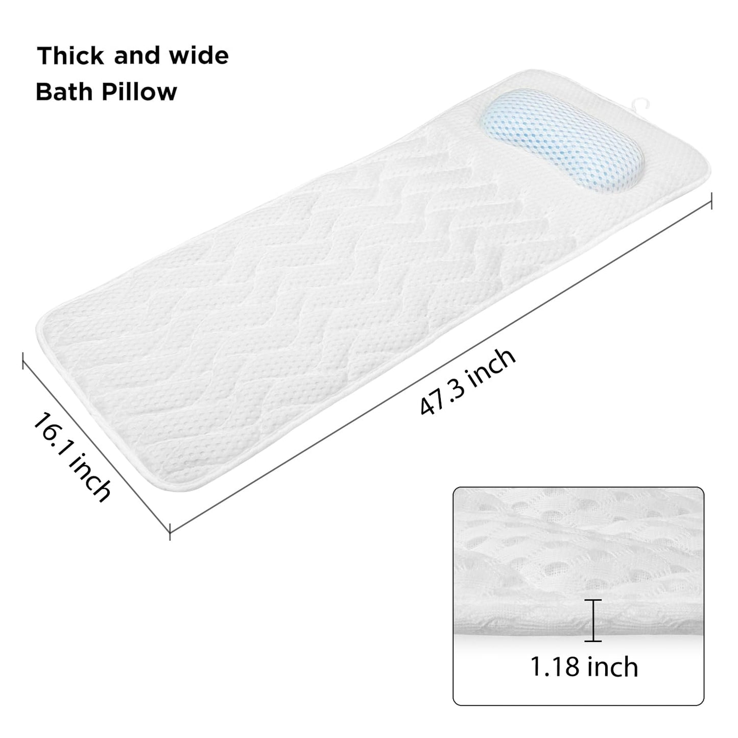 Bathtub Bath Pillows for Tub - Full Body Bath Tub Pillow Headrest with Ergonomic TPE, Bathtub Pillow Full Body for Neck & Back Support, Upgraded Bath Pillow with Strong Suction Cups & Hook, White