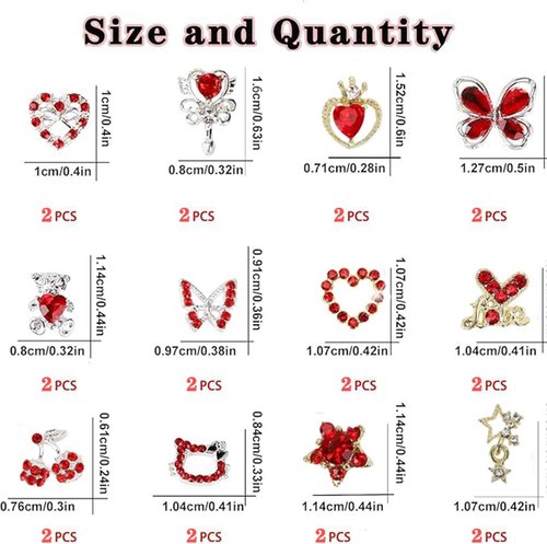 COOSLIM 24PCS Red Nail Charms Y2k Alloy Nail Art Rhinestone Charms 3D Heart Star Sailor Moon Nail Charms with Rhinestones Bear Cherry Nail Gems Shiny Jewelry Nail Decorations Supplies C