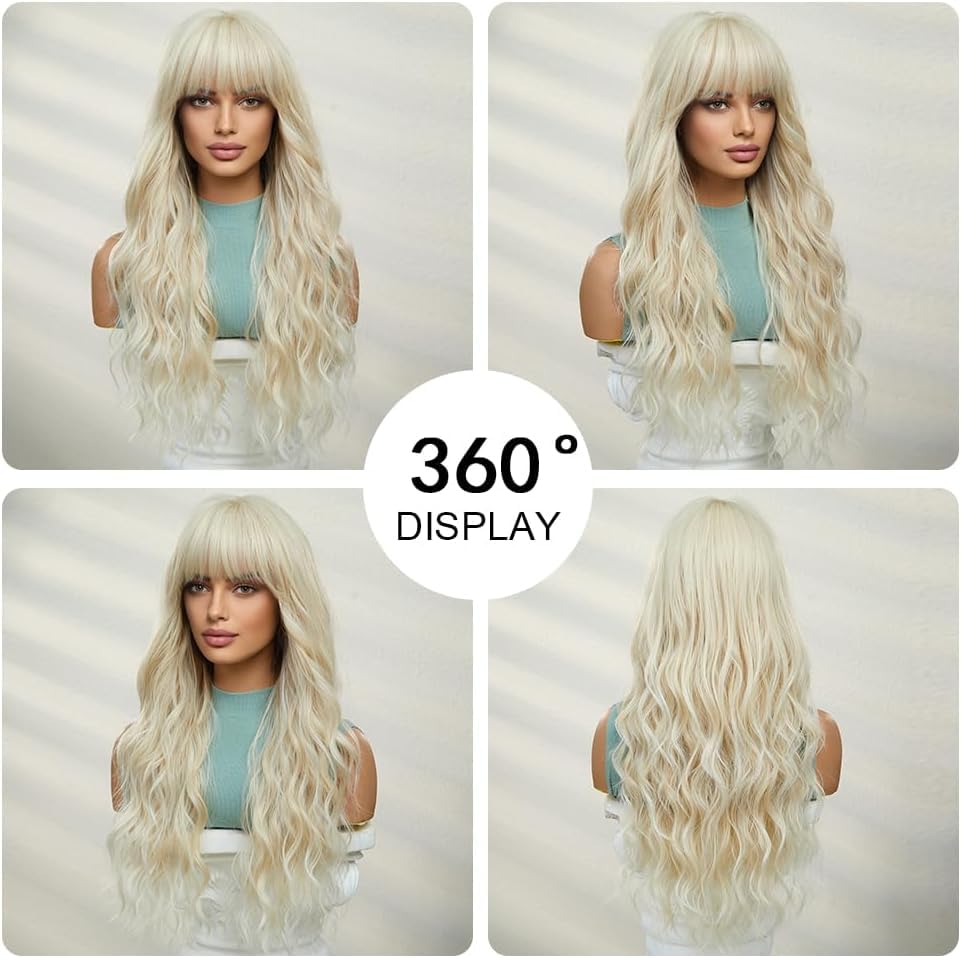 OUFEI Blonde Wigs for Women Long Curly Wig With Bangs Wavy wig Natural Synthetic Hair for Daily Party Cosplay Wear