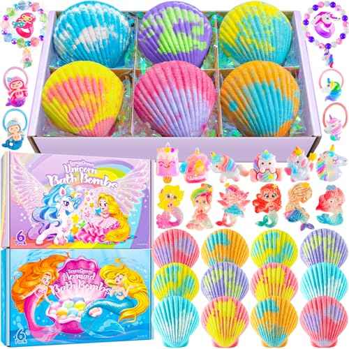 Shell Bath Bombs for Girls ? 12 Pack Child-Safe Aromatherapy Bath Bombs with 20 Surprise Toys Inside, 6 Fruity Scents in 2 Gift Boxes (Mermaid & Unicorn Themes), Christmas Gift for Kids