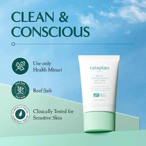 Rataplan Minari Calming Poreless Sun Cream SPF 50+ PA++++ (2 Pack)- Mineral Sunscreen, Korean Sunscreen for Oily Skin, Pore Minimizer for Face, Reef Safe, Korean Skincare