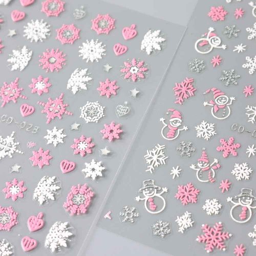 12 Sheets Christmas Nail Stickers Pink White Snowflake Nail Decals for Nail Art Christmas Snowman Reindeer Heart Nail Art Stickers 3D Self Adhesive Nail Supplies for Women Christmas Nail Decoration