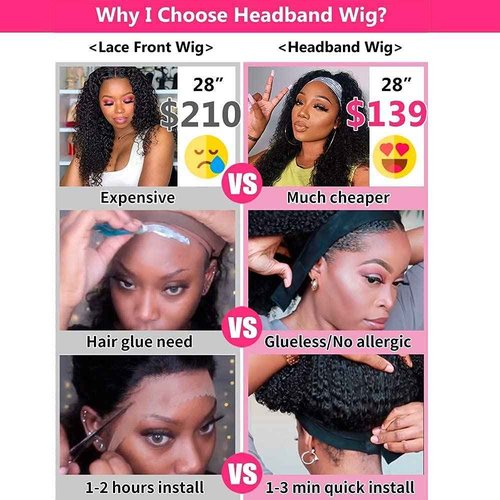 mengkai 10 Inch Curly Headband Wig Human Hair Natural Color Glueless Headband Wigs for Women None Lace Front Wigs With Headband Attached Human Hair Wigs