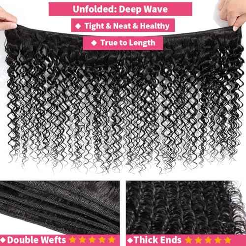 12A Deep Wave Bundles Human Hair 20 22 24 Inches, 100% Unprocessed Indian Human Hair Bundles Wet and Wavy Raw Virgin Hair Curly Weave 3 Bundles Deal (Natural Color, 20 22 24 Inches)