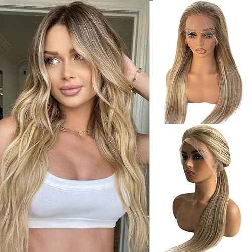 Balayage Ash Blonde Wig Human Hair 13x4 HD Glueless Lace Front Wigs Pre Plucked Virgin Hair 22 Inch 150% Density Light Brown to Platinum Blonde Highlights Silky Straight with Baby Hair for Women