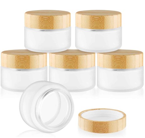DMuuuDM Glass Bamboo Jars with Lid,Empty Round Frosted Glass Jar Holder with Inner liner,Small Travel Cosmetic Jars for Moisturizer,Foundation,Lotion,Cream,body butter,Candle Making-6 Pcs (100ml)