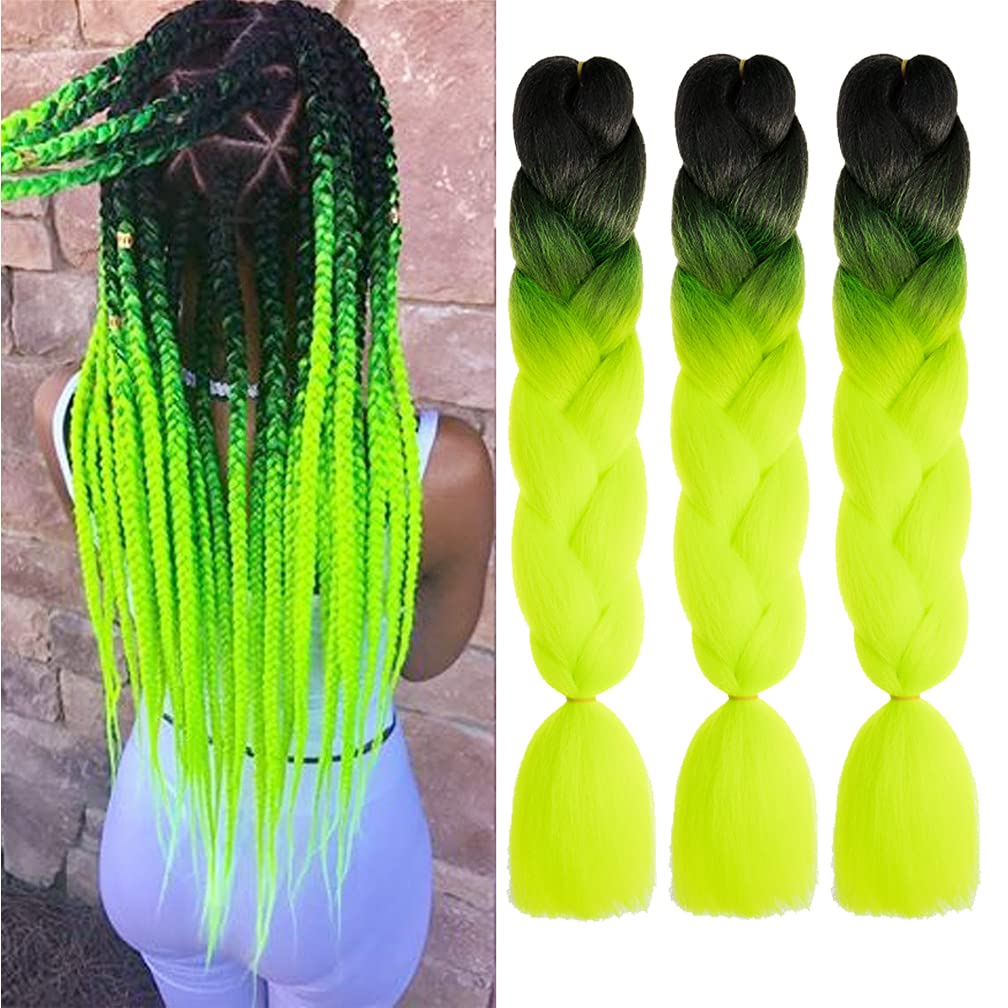 Xiaofeng Braiding Hair Extensions for Women 3 Packs 100g/Pack 24Inch High Temperature Ombre Jumbo Synthetic Braiding Hair for Twist Crochet Braids (24 Inch (Pack of 3), black-yellow green-3Pcs)