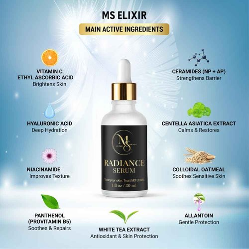 MS Elixir - Vitamin C Serum for Face - Niacinamide Hyaluronic Acid Facial Serum - Anti Aging Serum with Ceramides - Glow for Sensitive Skin - Dark Spot Corrector Hydrating - 30 ml